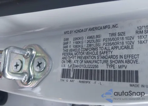 2016 Acura Rdx Acurawatch Plus Package from USA, damaged, VIN 5J8TB4H31GL022256